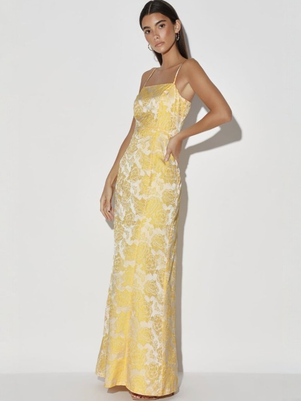 Lulus Bright Blooms Champagne and Yellow Floral Jacquard Maxi Dress NWT - Picture 3 of 10